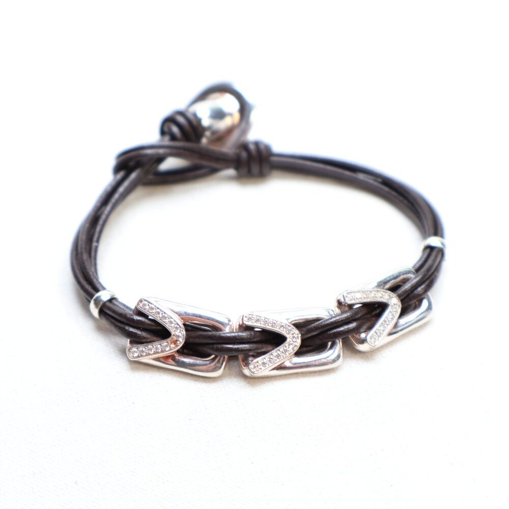 Uno de 50 Silver Tone Brown Leather Clear Crystal Bracelet MISSING A CRYSTAL!